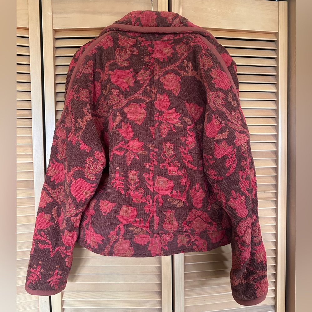 Free People Tapestry Moto Jacket • Red Floral Jacquard • Size M - Picture 2 of 4
